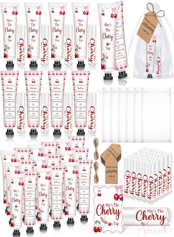 Dimsile 25 Sets 100 Pcs Cherry Baby Shower Gifts Bulk Hand Lotion and Lip Balm Party Favors Theme Baby Shower Travel Size Hand Lotion and Lip Balm with Organza Bags Tags - Image 1