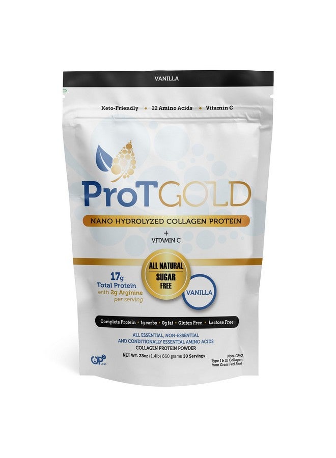 ProT Gold Collagen Protein Powder, 17g Protein Nano-Hydrolyzed Grass Fed Collagen, Vitamin C, 2g Arginine for Wound Support, Gluten Free, All Natural, Fat and Sugar Free, 0g Carbs, Vanilla, 23 oz, 30 - Image 1