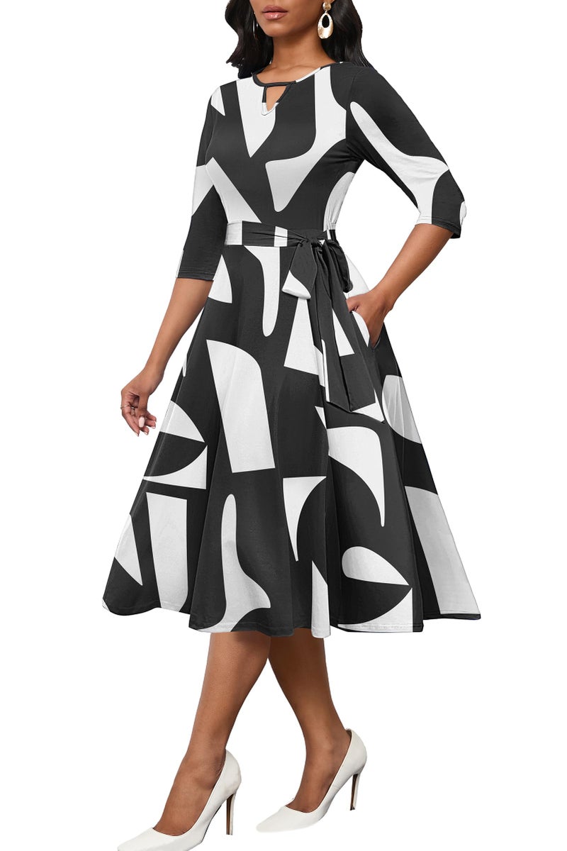 CLOCOR Women's Casual Midi Dresses A Line 3/4 Sleeve Crew Neck Tea Party Church Fit and Flare Dress with Pockets Black White L - Image 1