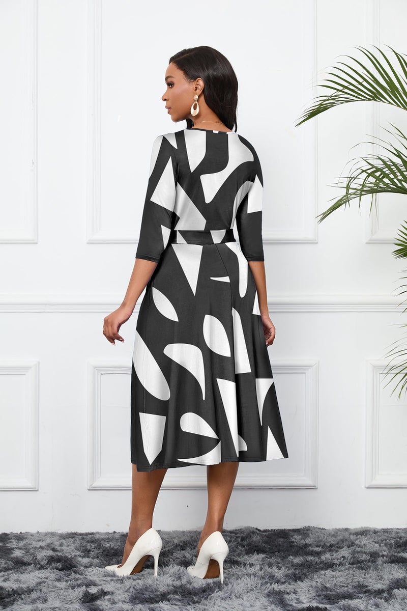 CLOCOR Women's Casual Midi Dresses A Line 3/4 Sleeve Crew Neck Tea Party Church Fit and Flare Dress with Pockets Black White L - Image 4