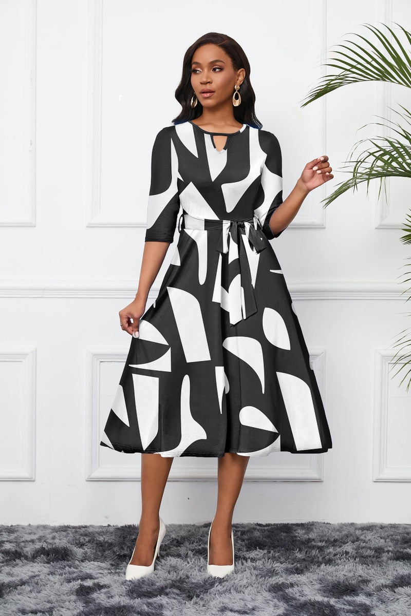 CLOCOR Women's Casual Midi Dresses A Line 3/4 Sleeve Crew Neck Tea Party Church Fit and Flare Dress with Pockets Black White L - Image 5