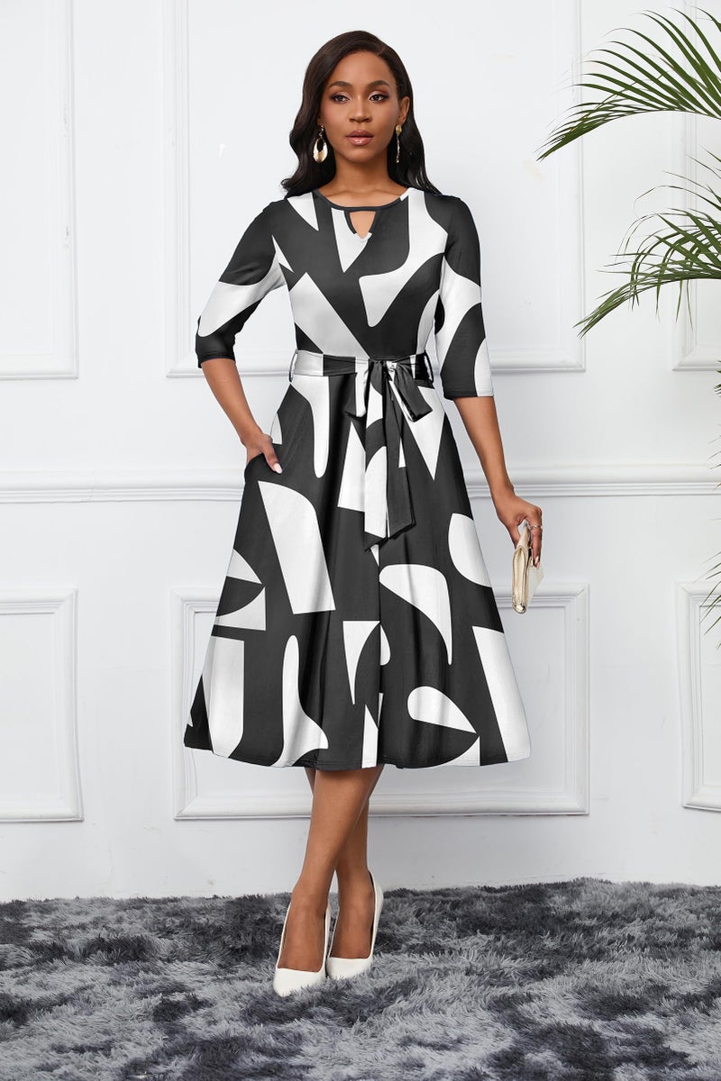CLOCOR Women's Casual Midi Dresses A Line 3/4 Sleeve Crew Neck Tea Party Church Fit and Flare Dress with Pockets Black White L - Image 3