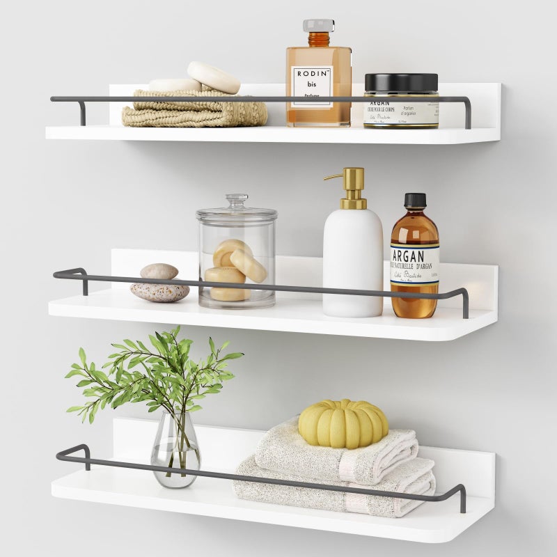 Forbena White Floating Shelves Bathroom Shelves Over Toilet Set of 3, Bathroom Organizers and Storage Shelves Wall Mounted, Modern Wood Corner Wall Shelf for Bedroom Closet -White and Dark Grey - Image 1