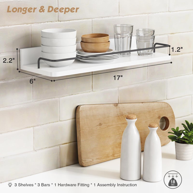 Forbena White Floating Shelves Bathroom Shelves Over Toilet Set of 3, Bathroom Organizers and Storage Shelves Wall Mounted, Modern Wood Corner Wall Shelf for Bedroom Closet -White and Dark Grey - Image 3