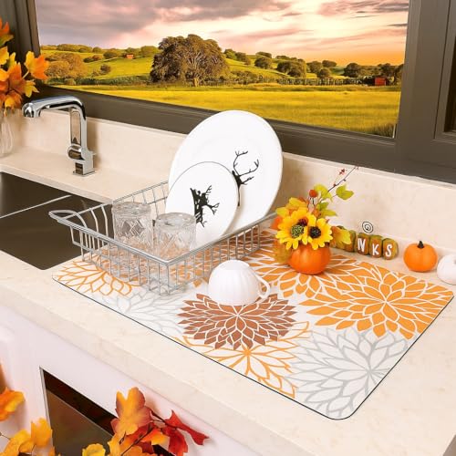 Home-Cloud HomeCloud Dish Drying Mat for Kitchen Counter Hide Stain Super Absorbent, Non-Slip, Heat-Resistant, Great for Dishes,Rack Pad, Kitchen Counter, Coffee Maker (Boho_Orange, 50x40cm) - Image 1