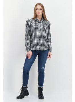 Eddie Bauer Women Pointed Collar Puff Sleeve Checkered Shirt, Black  - Image 3