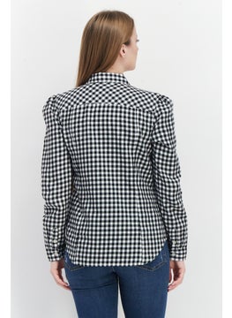 Eddie Bauer Women Pointed Collar Puff Sleeve Checkered Shirt, Black  - Image 4