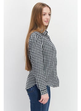 Eddie Bauer Women Pointed Collar Puff Sleeve Checkered Shirt, Black  - Image 2