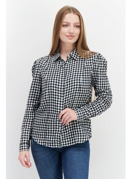 Eddie Bauer Women Pointed Collar Puff Sleeve Checkered Shirt, Black  - Image 1