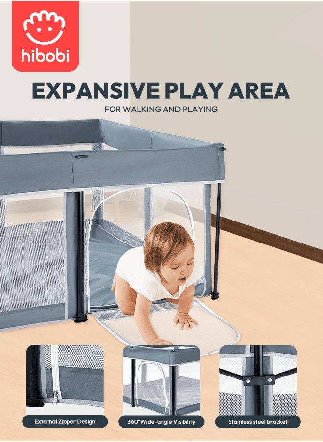 hibobi - One-Minute Fold-Unfold Playpen Baby Playpen With Detachable Thicken Mat, Storage Bag, 120*120*66CM - Image 1