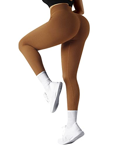 SUUKSESS Women Ribbed Seamless Leggings High Waisted Tummy Control Workout Yoga Pants (Brown, XL) - Image 5