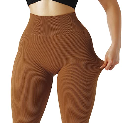 SUUKSESS Women Ribbed Seamless Leggings High Waisted Tummy Control Workout Yoga Pants (Brown, XL) - Image 3