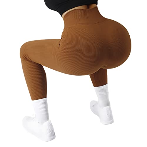 SUUKSESS Women Ribbed Seamless Leggings High Waisted Tummy Control Workout Yoga Pants (Brown, XL) - Image 4
