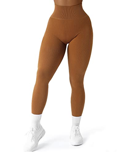 SUUKSESS Women Ribbed Seamless Leggings High Waisted Tummy Control Workout Yoga Pants (Brown, XL) - Image 1