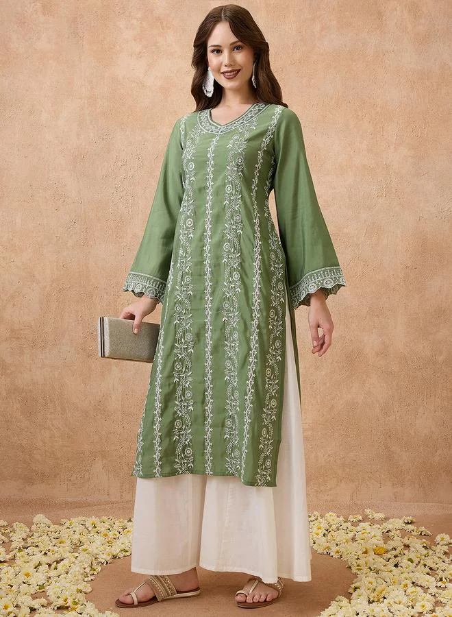 globus Floral Embroidered Scalloped Bell Sleeves Straight Festive Kurta