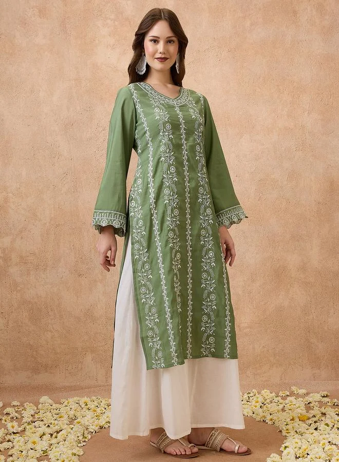 globus Floral Embroidered Scalloped Bell Sleeves Straight Festive Kurta
