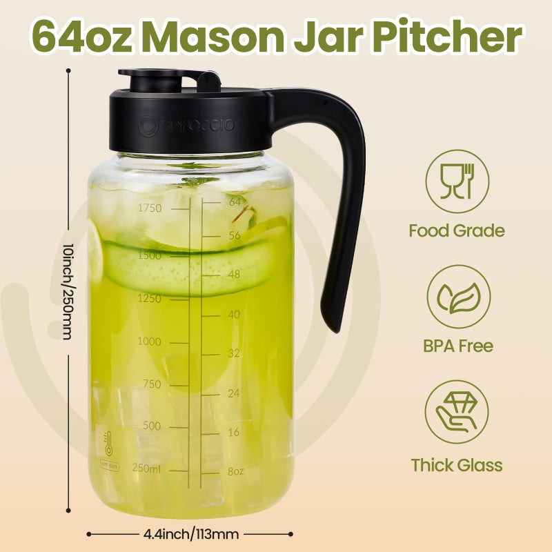 Spreccio Borosilicate Glass Pitcher with Lid, 64 oz Mason Jar Pitcher Pour Spout Lid Airtight Leak-proof, Sun Tea Glass Jar for Outside, Breastmilk, Cold Brew, Coffee and Iced Tea - Image 4