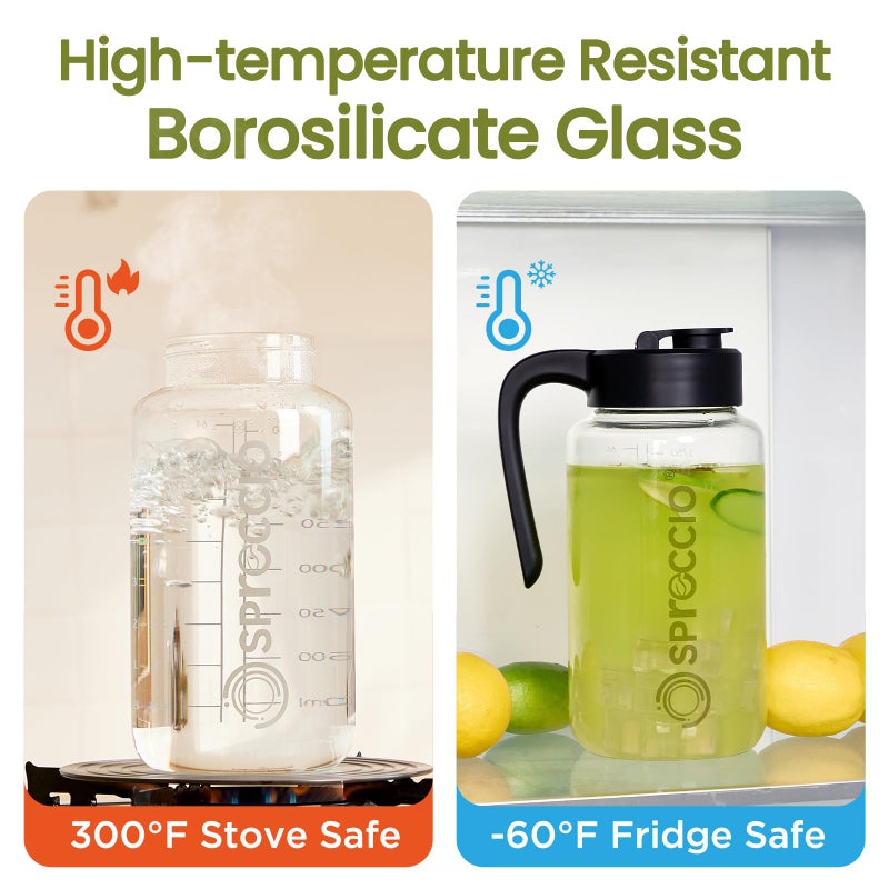 Spreccio Borosilicate Glass Pitcher with Lid, 64 oz Mason Jar Pitcher Pour Spout Lid Airtight Leak-proof, Sun Tea Glass Jar for Outside, Breastmilk, Cold Brew, Coffee and Iced Tea - Image 2
