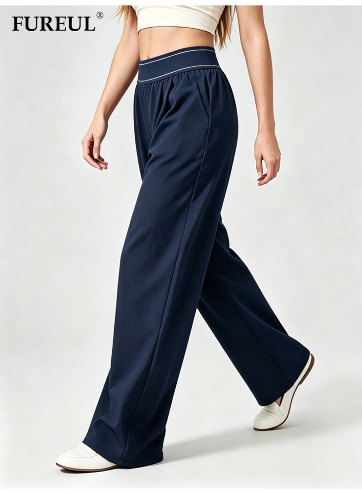 FUREUL Women High Waist Wide Leg Casual Pants, Stitched Elastic Waistband Loose Fit Trousers with Side Pockets, Lightweight Quick Dry Sports Sweatpants for Daily Gym Streetwear - Navy - Image 2