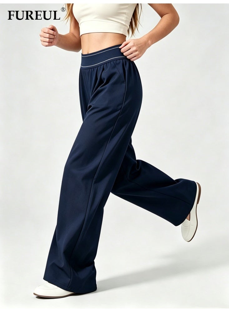 FUREUL Women High Waist Wide Leg Casual Pants, Stitched Elastic Waistband Loose Fit Trousers with Side Pockets, Lightweight Quick Dry Sports Sweatpants for Daily Gym Streetwear - Navy - Image 3