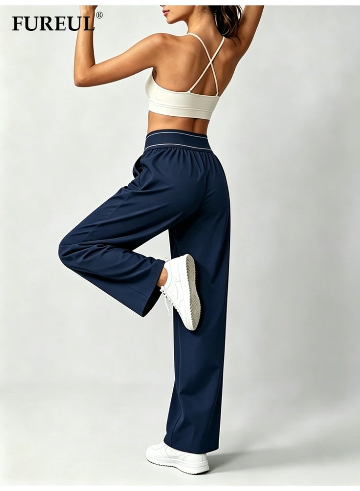 FUREUL Women High Waist Wide Leg Casual Pants, Stitched Elastic Waistband Loose Fit Trousers with Side Pockets, Lightweight Quick Dry Sports Sweatpants for Daily Gym Streetwear - Navy - Image 5