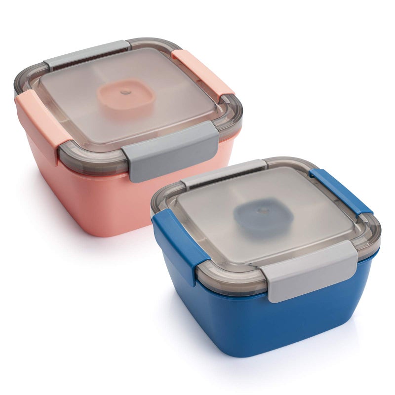 Freshmage Salad Lunch Containers To Go 2 Pack 52oz Bowls with 3 Compartments Dressing Containers for Toppings Snacks BluePink