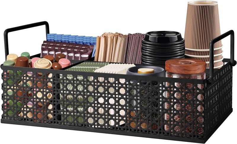DYGZBLHT Coffee Bar Organizer, Metal Countertop Station With Handles, Coffee Pods Holder, Tea Condiment Organizer, Mesh Black - Image 1