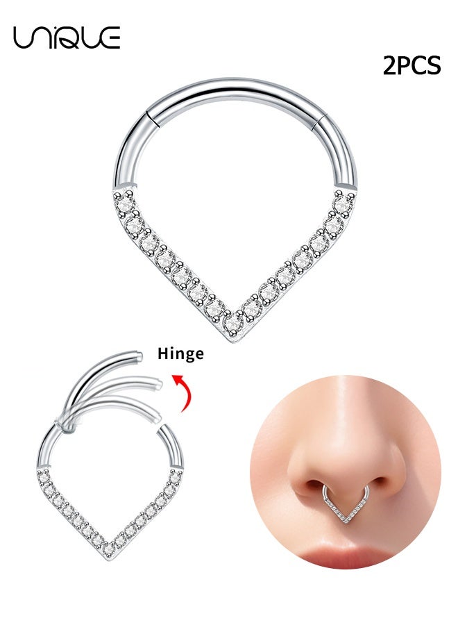 Unique 2 Pcs Nose Rings - Silver Nose Rings - Heart Shape Nose Ring - Sparkling Diamond-Encrusted Nose Ring - Stainless Steel Nose Ring - Can be Used as a Nasal Septum Ring and Cartilage Earrings - Men's Women's Gifts (8mm and 10mm) - Image 1