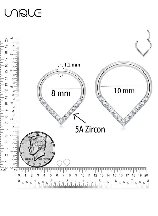 Unique 2 Pcs Nose Rings - Silver Nose Rings - Heart Shape Nose Ring - Sparkling Diamond-Encrusted Nose Ring - Stainless Steel Nose Ring - Can be Used as a Nasal Septum Ring and Cartilage Earrings - Men's Women's Gifts (8mm and 10mm) - Image 2