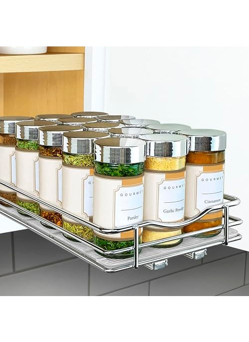 LYNK PROFESSIONAL LYNK PROFESSIONAL Pull Out Spice Rack Organizer for Inside Kitchen Cabinets  614 inch Wide  Slide Out Drawer  Chrome Sliding Spice Cabinet Organization Shelf Racks  1 Tier 