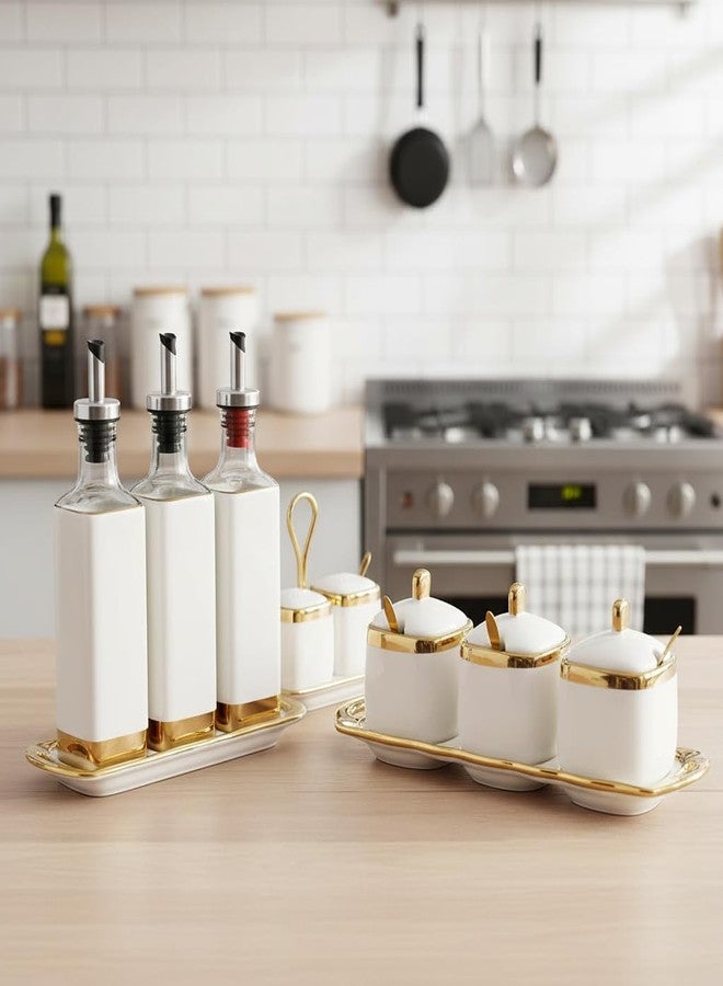 Fvstar Sugar Bowl with Lid and Spoon, Ceramic Spice Containers for Countertop, Salt and Coffee Sugar Container Set, White Seasoning Bowls, Gold Condiment Containers for Kitchen Coffee Bar - Image 3
