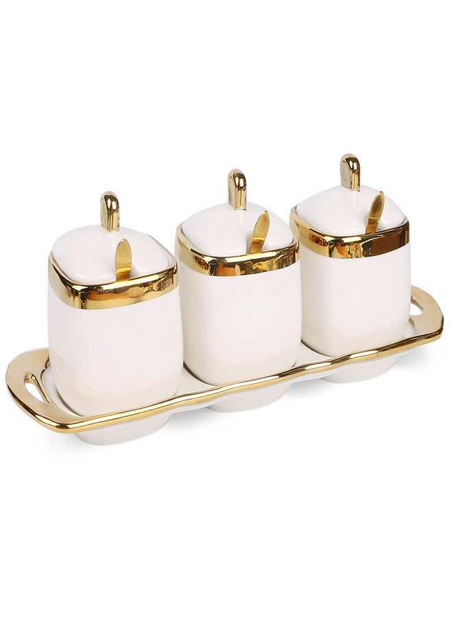 Fvstar Sugar Bowl with Lid and Spoon, Ceramic Spice Containers for Countertop, Salt and Coffee Sugar Container Set, White Seasoning Bowls, Gold Condiment Containers for Kitchen Coffee Bar - Image 1
