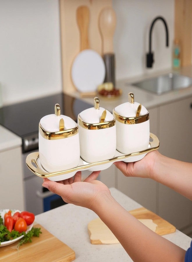 Fvstar Sugar Bowl with Lid and Spoon, Ceramic Spice Containers for Countertop, Salt and Coffee Sugar Container Set, White Seasoning Bowls, Gold Condiment Containers for Kitchen Coffee Bar - Image 5