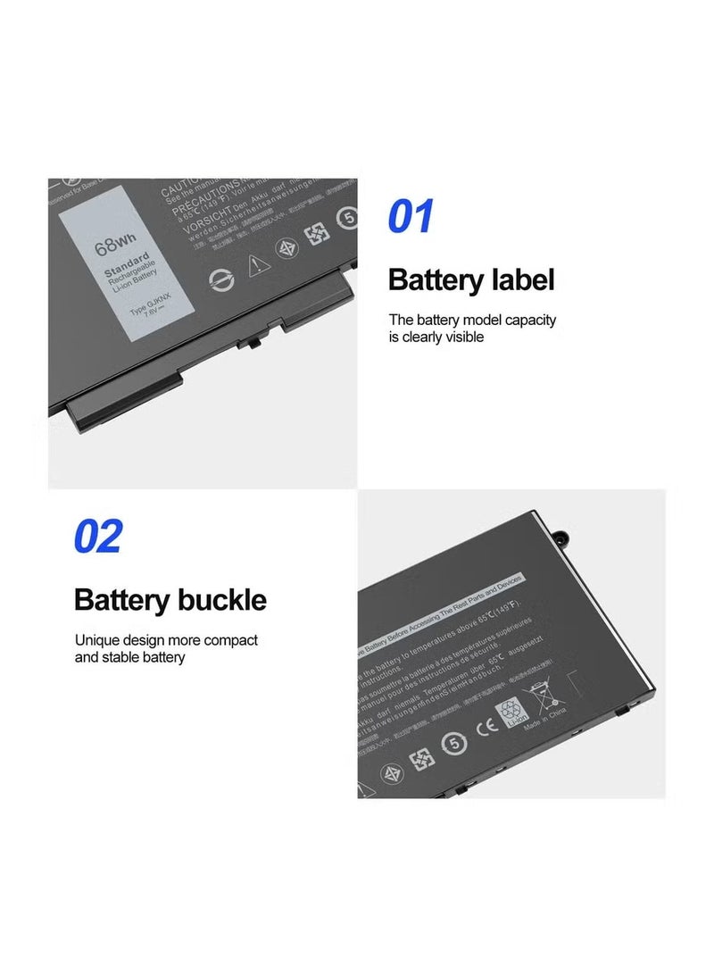 بطارية GJKNX لجهاز Dell Latitude 5480 5580 5280 5490 5495 5590 5488 5288 E5480 E5580 Precision 3520 3530 سعة 68 واط ساعة 8500 مللي أمبير 7.6 فولت بطارية لابتوب بديلة متوافقة مع 0GJKNX 451-BBYE - Image 2