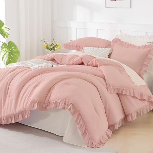Andency Blush Pink Ruffle Comforter Queen 3 Pieces Rustic Farmhouse Shabby Chic Comforter All Season Soft Microfiber Down Alternative Bedding Comforter Set