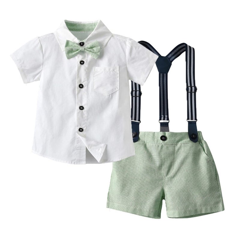 Volunboy Baby Boy Formal Short Set Toddler Summer Gentleman Outfit Kid Short Sleeve Bowtie Shirt Suspender Shorts Suit (White+Green, 2-3T) - Image 2