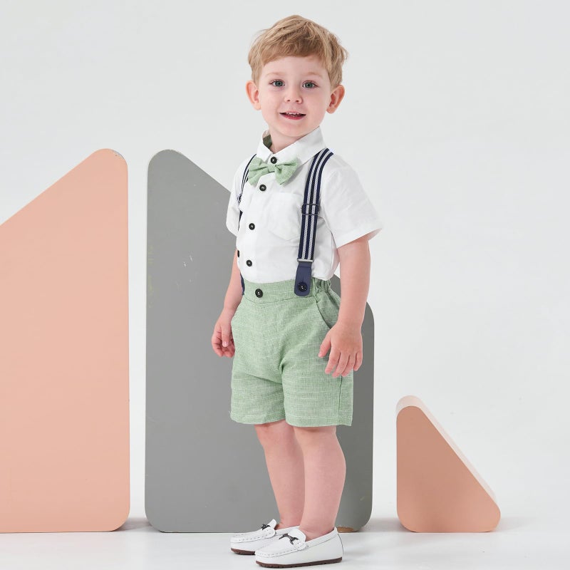 Volunboy Baby Boy Formal Short Set Toddler Summer Gentleman Outfit Kid Short Sleeve Bowtie Shirt Suspender Shorts Suit (White+Green, 2-3T) - Image 3