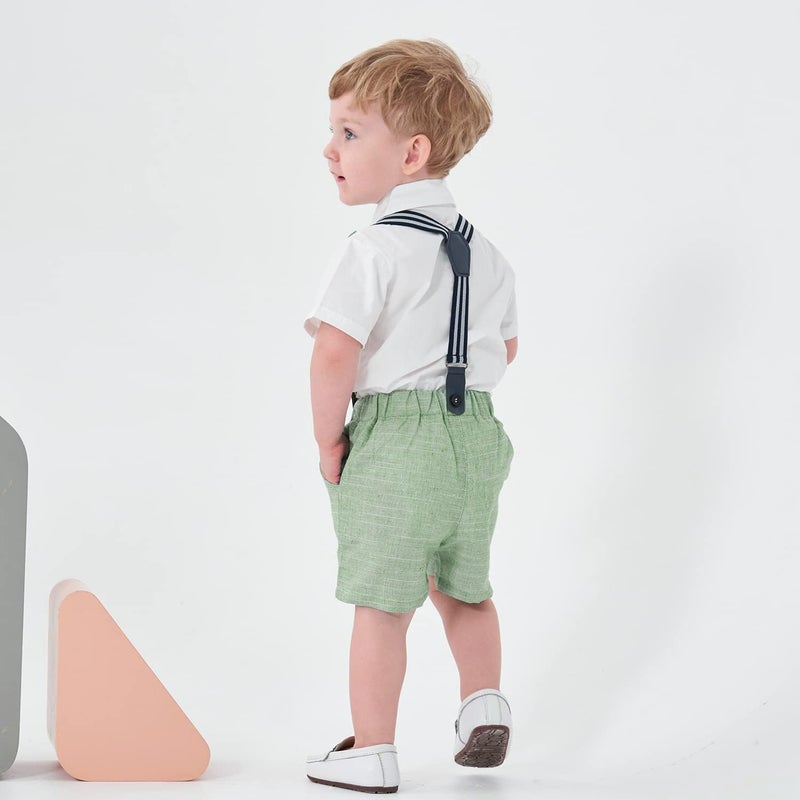 Volunboy Baby Boy Formal Short Set Toddler Summer Gentleman Outfit Kid Short Sleeve Bowtie Shirt Suspender Shorts Suit (White+Green, 2-3T) - Image 4