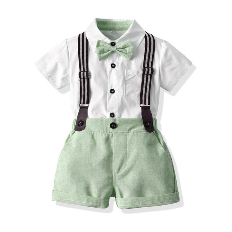 Volunboy Baby Boy Formal Short Set Toddler Summer Gentleman Outfit Kid Short Sleeve Bowtie Shirt Suspender Shorts Suit (White+Green, 2-3T) - Image 1