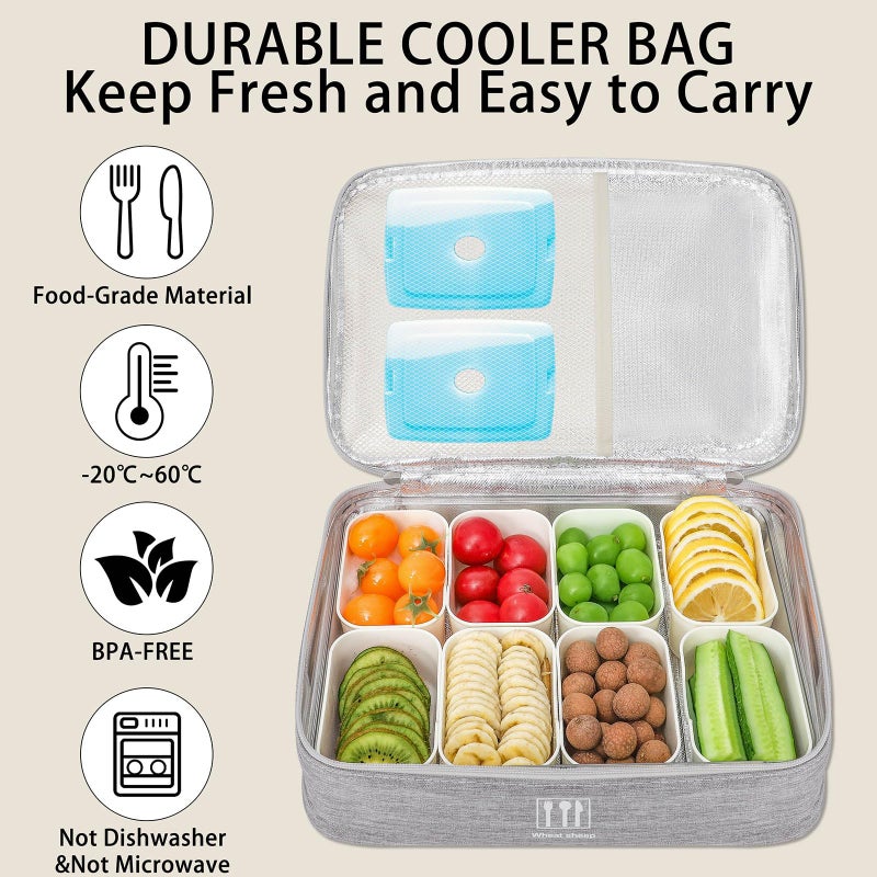 WETRBWEH Snack Box Container with Insulated Cooler Bag, Divided Serving Tray with Lid and Handle Beach Essentials, Snackle Box Veggie Fruit Tray with 8 Compartments & 8 Forks & 2 Spoon - Image 2