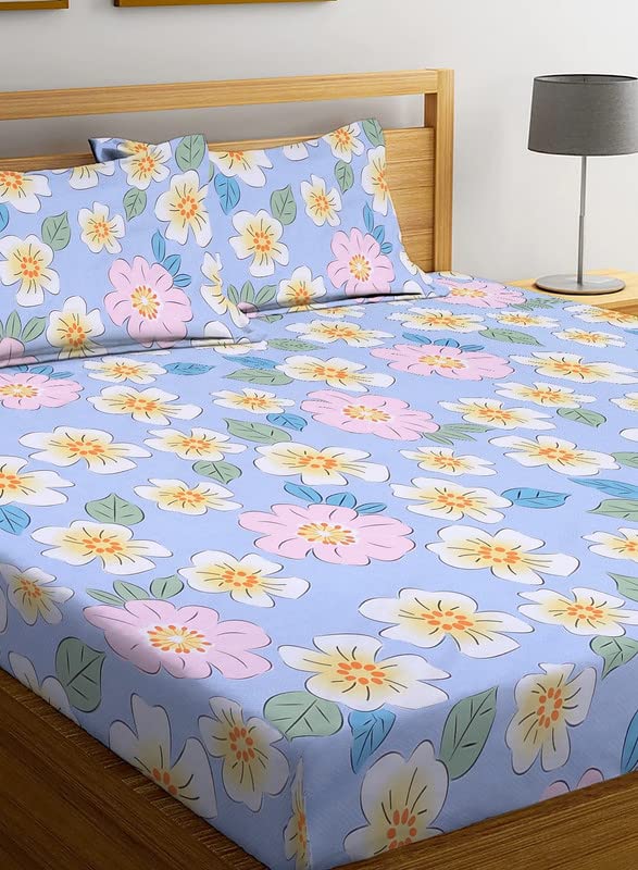 New Leaf NEW LEAF 100 Cotton 220 TC Printed Bedsheet For Double Bed With 2 King Size Pillow Covers For Summer Breathable Soft Wrinklefree Soft Touch Skin Friendly 230 X 240 Cm Sky Blue Pink White  - Image 3