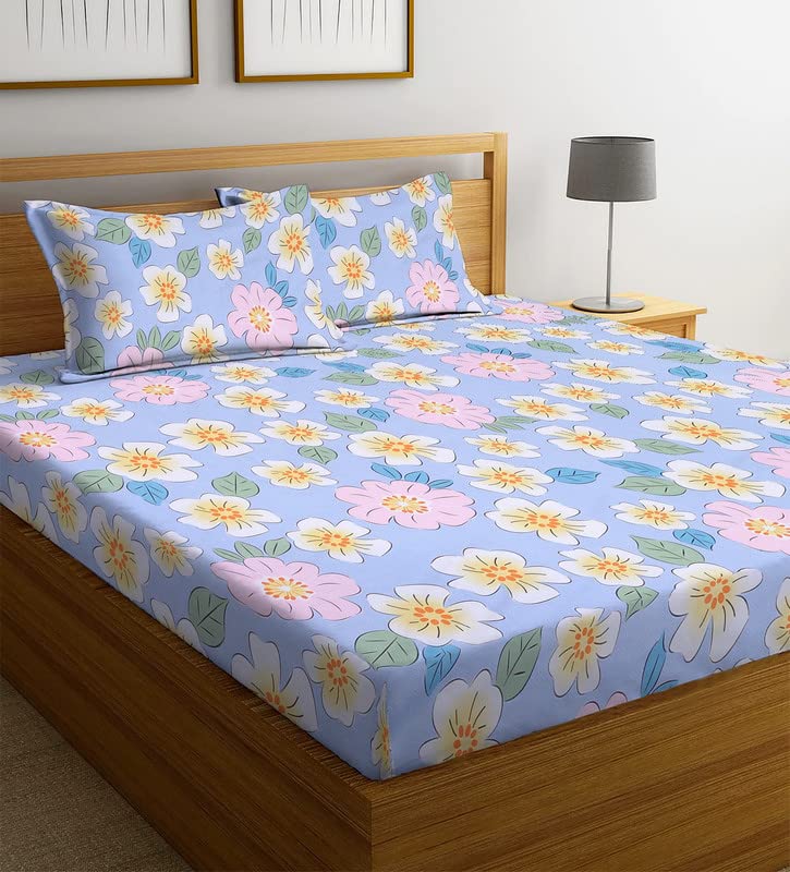 New Leaf NEW LEAF 100 Cotton 220 TC Printed Bedsheet For Double Bed With 2 King Size Pillow Covers For Summer Breathable Soft Wrinklefree Soft Touch Skin Friendly 230 X 240 Cm Sky Blue Pink White  - Image 4
