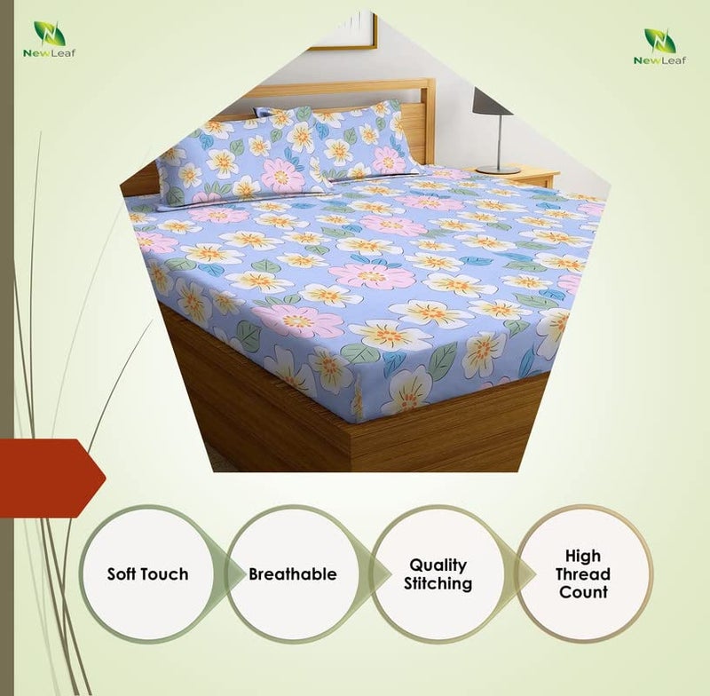 New Leaf NEW LEAF 100 Cotton 220 TC Printed Bedsheet For Double Bed With 2 King Size Pillow Covers For Summer Breathable Soft Wrinklefree Soft Touch Skin Friendly 230 X 240 Cm Sky Blue Pink White  - Image 5