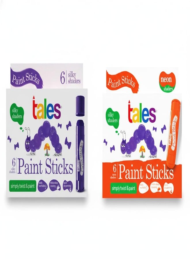 Tales Silk & Neon Paint Sticks for Kids Drawing, Painting, (Pack of 2, Each 6 Colors) - Twist & Paint, Washable, Quick Dry, Non-Toxic & Safe | Mess-Free Twistable Crayons for Gifting Boys & Girls - Image 1