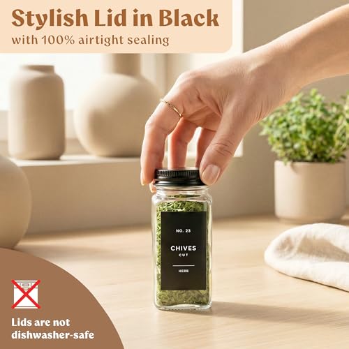 EDELHAUS Glass Spice Jars with Label and Black Aluminium Lids (24 x 4oz) Spice Containers with 240 Labels, Shaker Inserts, Steel Funnel, Empty Square Seasoning Organizer (Black Aluminium Lid) - Image 5