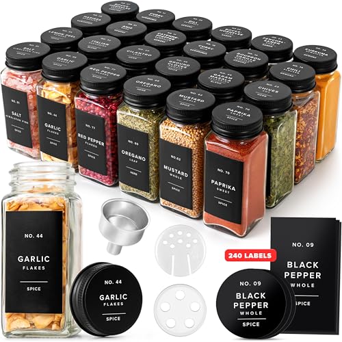 EDELHAUS Glass Spice Jars with Label and Black Aluminium Lids (24 x 4oz) Spice Containers with 240 Labels, Shaker Inserts, Steel Funnel, Empty Square Seasoning Organizer (Black Aluminium Lid) - Image 1