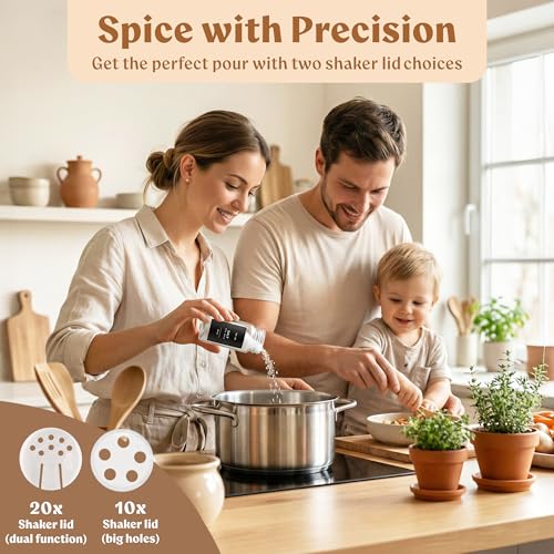 EDELHAUS Glass Spice Jars with Label and Black Aluminium Lids (24 x 4oz) Spice Containers with 240 Labels, Shaker Inserts, Steel Funnel, Empty Square Seasoning Organizer (Black Aluminium Lid) - Image 4