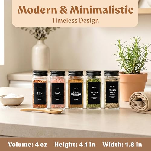 EDELHAUS Glass Spice Jars with Label and Black Aluminium Lids (24 x 4oz) Spice Containers with 240 Labels, Shaker Inserts, Steel Funnel, Empty Square Seasoning Organizer (Black Aluminium Lid) - Image 2