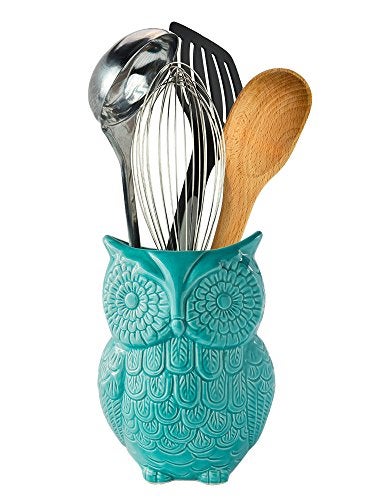 Comfify Owl Utensil Holder by  - Decorative Ceramic Cookware Crock & Organizer, in Lovely Aqua Blue Color - Utensil - Image 1