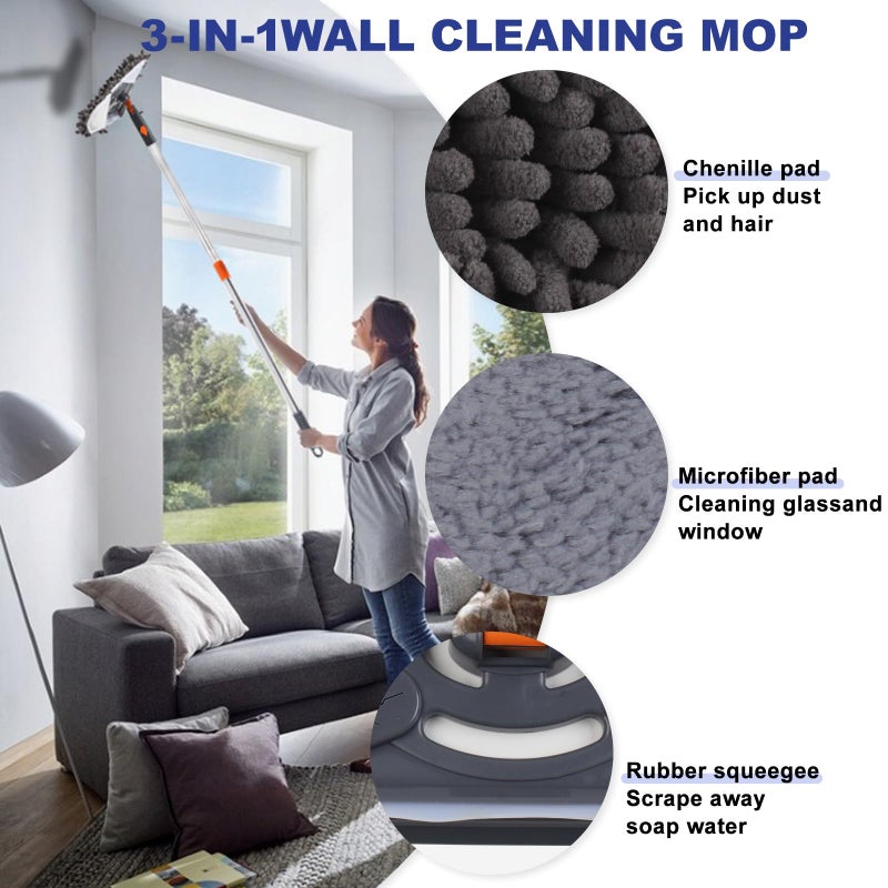 NWGOF Wall Cleaner Mop with 79 Inches Long Handle, 360Â° Wall Washer Cleaner Tool for Walls/Ceiling Fans/Dust/Baseboard/Floors Clean, Ceiling Cleaner Tool Duster with Squeegee 6 Replacement Pads - Image 3